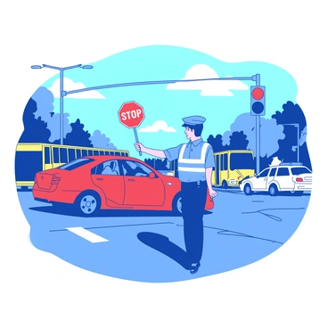A blue traffic cop wearing a reflective vest is standing in the middle of an intersection, directing vehicles with an authoritative posture. The cop holds a white paddle with a red stop sign while making eye contact with a driver in a red sedan. The sedan is coming to a stop, and several other vehicles, including a yellow bus and a white SUV, can be seen waiting patiently at the traffic light. The background features clear skies and a few trees lining the road, creating a busy yet organized urban scene.