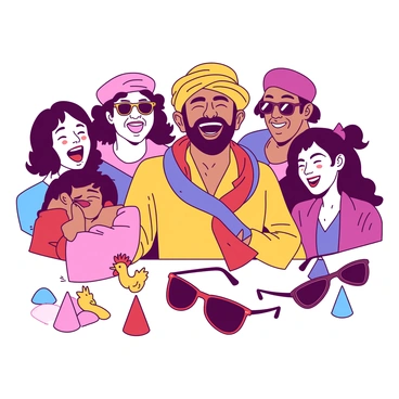 A group of characters is gathered together, with a central figure, "Gabbar Singh," laughing heartily. Gabbar Singh has a distinctive outfit, featuring a large, colorful scarf draped around his neck and a wide-brimmed hat. His face shows a broad smile, with his eyes sparkling with joy. Surrounding him are several members of his gang, each with unique expressions and playful poses, all sharing in the laughter. The scene is filled with humorous props, including oversized sunglasses, a rubber chicken, and colorful party hats scattered around. There is a vibrant atmosphere created by the combination of joyful expressions and whimsical props.