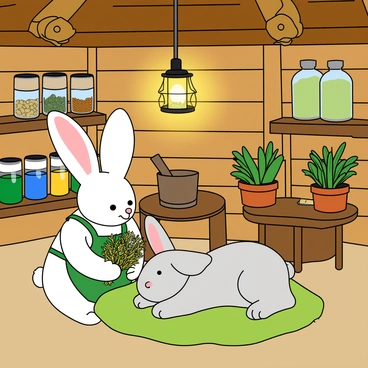 A small, fluffy rabbit with white fur and large floppy ears is wearing a little green apron. It is gently holding a bundle of colorful herbs in its tiny paws. The sick rabbit, with slightly droopy ears and pale fur, is lying on a soft bed of moss inside a cozy wooden hut. The hut has walls made of logs and a thatched roof. Various jars filled with bright-colored liquids and dried herbs line the shelves along the walls. A warm light is glowing from a small lantern hanging from the ceiling, casting a soft glow on the scene. There are leafy plants growing in pots on the windowsill, and a small wooden table nearby holds a mortar and pestle. The healing rabbit looks focused and caring as it prepares a remedy for its friend.