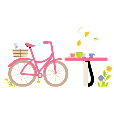 A pink bike with a basket is positioned next to a small round outdoor table. The table is adorned with delicate tea cups in pastel colors and a matching teapot, emitting a sense of warmth. A gentle breeze is indicated by a few fallen leaves scattered on the ground nearby. The scene is set in a quaint garden with a few vibrant flowers blooming around the table, enhancing the inviting atmosphere.
