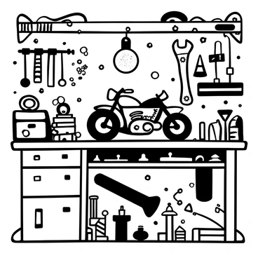 A cluttered workbench filled with various tools such as wrenches, screwdrivers, and pliers, scattered around. Metal parts of different sizes and shapes lie haphazardly on the surface, including bolts, gears, and screws. In the center of the workbench, a half-assembled motorcycle engine is prominently displayed, with exposed mechanisms and intricate details. A dusty light bulb hangs above, casting shadows across the scene, enhancing the sense of an active workshop environment.