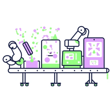 A detailed assembly line is visible in a laboratory setting. The line includes several stations where proteins are being constructed step by step. At the first station, molecules of amino acids are carefully deposited on a conveyor belt. A robotic arm is positioned above, adding specific amino acids in an organized manner. 

Moving to the second station, enzymes are illustrated as they catalyze the reaction, facilitating the bonding of the amino acids. A digital display shows the process in real-time, with visual representations of the growing protein chain. 

At the third station, a specialized machine monitors the folding process of the proteins, ensuring they achieve the correct three-dimensional structure. Small screens at this station display the progress and the structure of the proteins being formed. 

The final station shows completed protein chains being packaged into small containers, ready for transport.