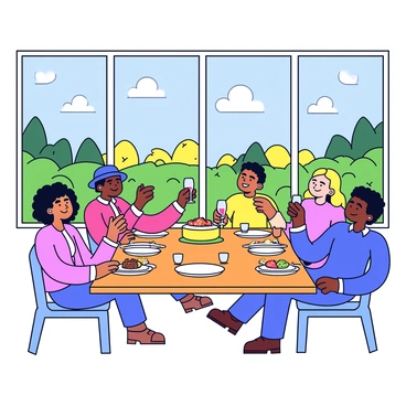 A dining room featuring large windows that provide a clear view of a vibrant outdoor landscape filled with greenery and a bright blue sky. Inside the room, a long wooden dining table is set with white plates and glasses. Several people are seated around the table, engaged in conversation while enjoying their meals. Some are smiling and raising glasses, while others are actively serving food from a large dish placed in the center of the table. The atmosphere appears lively, with warm light coming through the windows, illuminating the room.