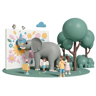 A cheerful elephant, with large, floppy ears and a gray body, is using its trunk to paint a colorful mural on a wall in a lively city park. The mural features bright flowers, playful animals, and vibrant geometric shapes. The park is filled with green grass, tall trees, and people enjoying the day. Children are watching the elephant paint with smiles on their faces, while some are laughing and pointing at the mural. A few birds are perched on the branches, adding to the lively atmosphere of the scene.