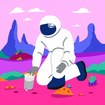 An astronaut in a sleek white space suit stands on a colorful alien planet. The ground is covered in bright, multi-hued soil with unusual textures. The astronaut is kneeling, carefully using a shiny metallic scoop to collect soil samples in a transparent container. In the background, towering rock formations in shades of purple and blue rise against a pink sky filled with swirling clouds. Small, strange plants with vibrant colors dot the landscape. The astronaut's reflective helmet captures the dazzling scenery.