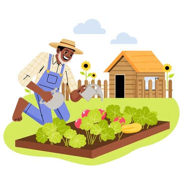 "Uncle Tom" is a middle-aged man with dark skin and a warm smile, wearing a straw hat and a plaid shirt. He is kneeling beside a small vegetable garden, which is neatly arranged in rows. The garden contains vibrant green plants with ripe red tomatoes, yellow squash, and leafy greens like spinach and lettuce. In the background, there is a rustic wooden cabin with a thatched roof, surrounded by a few sunflowers that stand tall. A wooden fence encloses the garden, and a clear blue sky overhead adds brightness to the scene. Uncle Tom is gently watering the plants with a metal watering can, showing care for his garden.