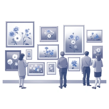 A gallery wall filled with an assortment of paintings. Each piece features "blue flowers" depicted in different arrangements and artistic interpretations. The paintings vary in size and framing, with some featuring close-up details of petals and leaves, while others present the flowers in a broader landscape. The wall is well-lit, highlighting the intricate brushwork and textures of each artwork. Visitors can be seen admiring the pieces, engaging in conversation about the different styles on display.