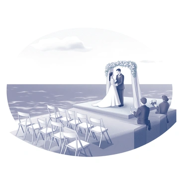 A wedding ceremony taking place on a cliff. The setting features white folding chairs arranged in rows, facing a beautifully decorated altar. The altar consists of floral arrangements and flowing fabric. In the background, the ocean is visible, creating a stunning backdrop. The sky is clear with a few wispy clouds scattered above. The couple is dressed in formal wedding attire, with the bride wearing a flowing white gown and the groom in a dark suit. Guests are seated and capturing the moment with their cameras. The scene conveys an atmosphere of celebration and joy.
