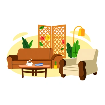 A decorative privacy screen made of intricate wooden lattice patterns stands in the center of a cozy living room. The screen is adorned with vibrant floral and leaf designs, showcasing various colors like green, yellow, and red. Soft, plush furniture, including a brown leather sofa and a light-colored armchair, is arranged around the screen. A small round coffee table with a steaming mug and a stack of books sits in front of the sofa. Warm light from a nearby lamp casts a soft glow in the room, enhancing the inviting atmosphere. A few potted plants are placed around the space, adding a touch of greenery to the cozy environment.