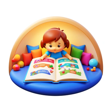 A reader engaged with an illustrated interactive storybook. The book is open, displaying vibrant, detailed illustrations on its pages. The reader is depicted as a young child with curious eyes, pointing towards different paths illustrated within the story. Various colorful options are shown on the pages, each path leading to different whimsical scenes. The setting includes a cozy reading nook with warm lighting, plush cushions, and a few scattered toys, enhancing the inviting atmosphere of storytelling.