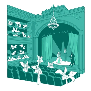 A Victorian opera house features intricate architectural details, with grand arches and ornate chandeliers hanging from the ceiling. Inside, numerous bats wearing elegant attire, including tiny tuxedos and formal dresses, are perched on ornate balconies and in the plush velvet seats. The stage is set with rich, opulent curtains, and the spotlight shines on performers mid-act. The atmosphere is lively as the bats attentively watch the performance, their wings slightly spread, showcasing their finely tailored outfits. The color scheme incorporates elegant contrasts, with some elements in teal and others in white.
