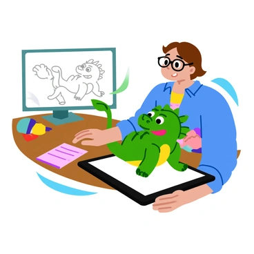 A person with short brown hair and glasses is sitting at a wooden desk, intently focused on a digital tablet. The screen displays a simple black-and-white sketch transforming into a colorful 3D character. The character, a friendly dragon with bright green scales and large expressive eyes, appears to leap off the screen. The tablet is surrounded by art supplies, including colored pencils and sketch paper, while soft sunlight illuminates the space, casting gentle shadows. The person’s expression reflects amazement and concentration as they observe the transformation.