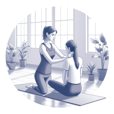 A yoga instructor is positioned beside a student on a yoga mat within a studio. The instructor is gently placing their hands on the student's shoulders, demonstrating a soft massage technique. The student, in a relaxed pose, appears to be receiving guidance and support. Natural light filters in through large windows, casting soft shadows on the wooden floor. In the background, there are several plants that add to the serene atmosphere of the space.