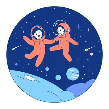 Two young astronauts in bright orange space suits are floating in the vastness of space. They are positioned side by side, with their helmets reflecting the light from nearby celestial bodies. The backdrop is filled with a deep blue sky scattered with numerous shooting stars streaking across the darkness. In front of them, several distant planets can be seen, showcasing various colors and sizes. The astronauts are pointing towards one of the planets, their faces filled with wonder and curiosity as they gaze into the infinite universe.