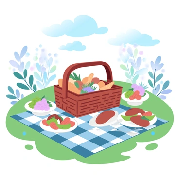 A picnic setup is arranged on a green field, featuring a large, woven picnic basket filled with an assortment of homemade farm-to-table dishes. Surrounding the basket are vibrant dishes of fresh salads, colorful fruits, and artisanal breads. A checkered blanket is spread underneath, with elegant cutlery and plates neatly laid out. In the background, there are wildflowers swaying gently in the breeze and clusters of trees framing the scene. A bright blue sky with fluffy white clouds adds to the cheerful atmosphere.