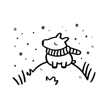 A pig wearing a knitted scarf is sitting on a snowy hill. Snowflakes are falling gently around the pig, creating a wintery atmosphere. The hill is covered in a thick layer of snow, with some tufts of grass peeking through. The pig is facing slightly to the side, and the knitted scarf is wrapped snugly around its neck. In the background, there are distant trees lightly covered with snow.