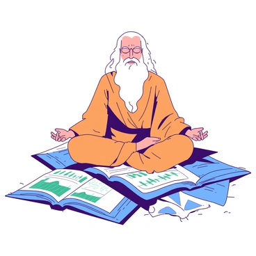 An elderly figure with a long white beard is seated in a cross-legged position, meditating atop a colorful pile of stock market reports. The guru is dressed in a flowing orange robe, which contrasts with the blue and green printed reports scattered around him. His eyes are closed in deep concentration, and a serene expression rests on his face. Surrounding the pile of reports are several open books, showcasing graphs and financial data. The scene captures a sense of mindfulness amidst the chaos of the stock market.