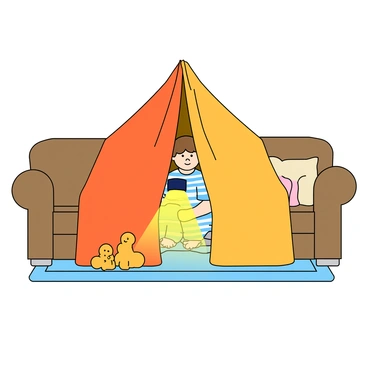 A cozy living room with a fort made from colorful bed sheets draped over furniture. The fort is supported by a couch on one side and a couple of chairs on the other, creating a cave-like structure. A child with light skin and short brown hair is peeking out from the entrance of the fort. The child is wearing a striped t-shirt and pajama pants. They are holding a bright yellow flashlight, illuminating their face with a warm glow. The floor is covered in a soft rug, and a few plush toys are scattered around the fort. 