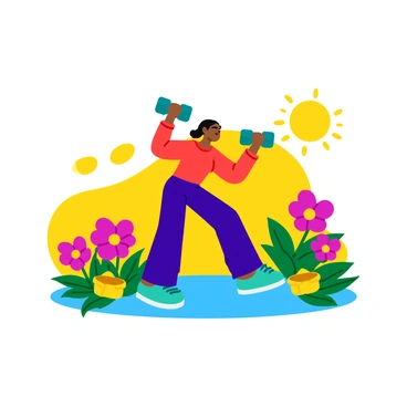 A person is taking a break from their walk to perform dumbbell squats. They are surrounded by colorful blooming flowers of various shapes and sizes, which create a lively atmosphere. The individual is wearing comfortable athletic clothing and is holding a dumbbell in each hand. The sun is shining brightly, illuminating the vibrant colors of the flowers and casting soft shadows on the ground. The scene conveys an energetic and active moment set in a beautiful, natural environment.
