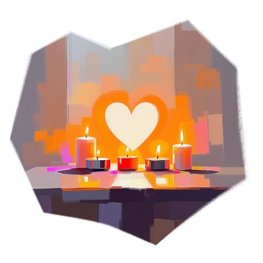 A heart shape created by glowing candles arranged on a dark wooden surface in a low-lit room. The candles emit a warm, flickering light, casting soft shadows on the surrounding walls. The room has a cozy atmosphere, and the surfaces are gently illuminated by the candlelight, enhancing the intimate feel of the scene. The heart shape is clearly defined, with the candles varying slightly in height and size, creating an inviting focal point.