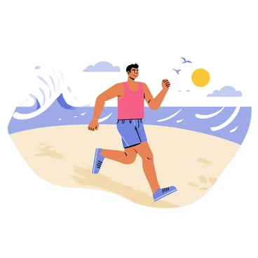 A runner wearing a bright red tank top and blue shorts is jogging along a sandy beach. The sandy ground is light beige and fluffy, with footprints trailing behind. Nearby, waves are crashing against the shore, creating splashes of white foam. The sky is clear with a few fluffy clouds, and the sun is shining brightly, casting shadows on the sand. The runner has a look of determination on their face, with their arms pumping as they move forward. In the background, there are a few seagulls flying above the water.