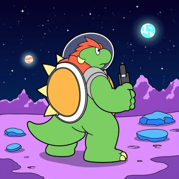 A large, cartoonish Bowser with green skin and a spiked shell is wearing a shiny silver space suit with a clear helmet. He stands on the surface of a colorful, distant planet that has vibrant purple and blue rocks scattered around. Bowser is looking up at a night sky filled with twinkling stars, including a few large, glowing planets in the background. His space suit has bright yellow accents that stand out against the colors of the planet. Bowser holds a futuristic device in one hand, indicating his exploration of this alien world.