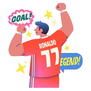An athlete with short dark hair is striking an iconic pose with one arm raised triumphantly. He is wearing a red jersey with his name "RONALDO" printed on the back in bold white letters. Surrounding him are vibrant pop art elements, including colorful speech bubbles containing phrases like "GOAL!" and "LEGEND!" in bold fonts. Bright yellow and blue stars are scattered throughout the composition, adding dynamic energy to the scene. The background is filled with bright, contrasting colors that enhance the overall visual impact of the image.