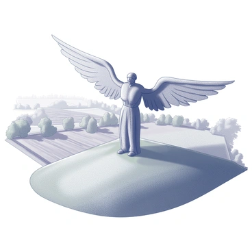 An aerial view of the "Angel of the North," capturing the large steel sculpture with its wide wingspan. The figure is positioned prominently on a grassy hill, surrounded by fields and trees that outline the landscape. The perspective emphasizes the sculpture's height and scale compared to the surrounding area. In the background, there are patches of greenery and rural features, creating a sense of the natural environment. The sky above is clear, adding to the openness of the scene.