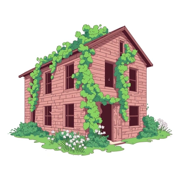 An old building with crumbling brick walls stands in the center of the image. The structure is covered in thick, green creeping vines that elegantly wrap around its corners and windows. Some vines hang down, nearly touching the ground, while others reach upwards towards the roof. The windows are dusty and slightly broken, with hints of light filtering through the grime. In the foreground, there are patches of wildflowers growing next to the building, adding a touch of color to the scene. The atmosphere reflects a sense of nature reclaiming its space.