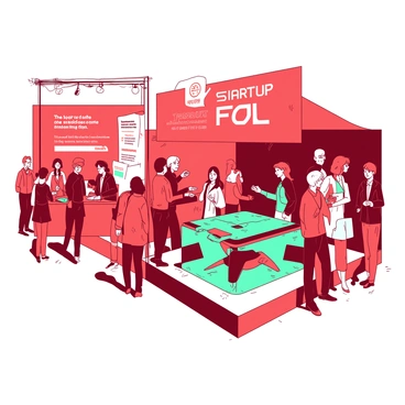 A red entrepreneurial fair is bustling with activity, featuring several booths that display innovative startup ideas and gadgets. Each booth is adorned with colorful banners showcasing the startup names and logos. A group of attendees is engaged in conversation with an enthusiastic presenter at a teal booth, demonstrating a unique gadget. Nearby, another booth features a futuristic gadget that emits a soft glow, attracting the attention of curious onlookers. The atmosphere is lively, with people interacting, exchanging business cards, and examining the latest technological advancements. Various startup representatives are spread out, showcasing their products and engaging with potential customers.
