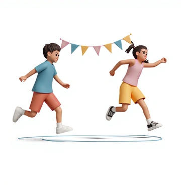 Two children, a boy and a girl, are engaged in a jump rope race. The boy is wearing a blue t-shirt, red shorts, and white sneakers. He is focused, mid-jump, with the rope spinning rapidly beneath him. The girl is wearing a pink tank top, yellow shorts, and black sneakers. She is also in mid-jump, with a determined expression as she strives for the finish line. In the background, there is a colorful finish line made of fluttering flags, marking the end of the race. The scene is filled with energy as both children compete enthusiastically.