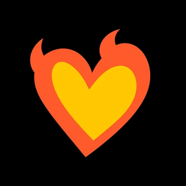 A heart-shaped flame glowing brightly, with vibrant orange and yellow hues radiating warmth and intensity. The flame flickers, casting light that dances around its edges, creating a mesmerizing effect. The background is deep black, emphasizing the luminous flame and providing a stark contrast that highlights its shape and brilliance.