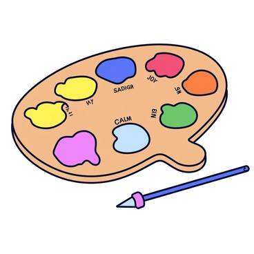 An artist's palette with a wooden texture. The palette is filled with various blobs of paint in vibrant colors. Each paint color is labeled with a different emotion, such as "Joy" in bright yellow, "Sadness" in deep blue, "Anger" in bold red, "Calm" in soft green, and "Surprise" in a vivid orange. The labels are written in clear, lowercase letters positioned next to the corresponding colors. A paintbrush rests beside the palette, showing signs of use with colorful paint on its bristles.