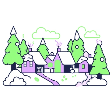 A village scene covered in snow, with several cottages arranged in a cozy layout. Each cottage has a chimney with smoke curling upwards. Snow blankets the roofs and surrounds the structures, creating a peaceful atmosphere. Tall pine trees are scattered throughout the scene, their branches laden with snow. In the foreground, there are snowdrifts and small footprints leading towards the cottages. The sky is overcast, adding a soft light to the environment.