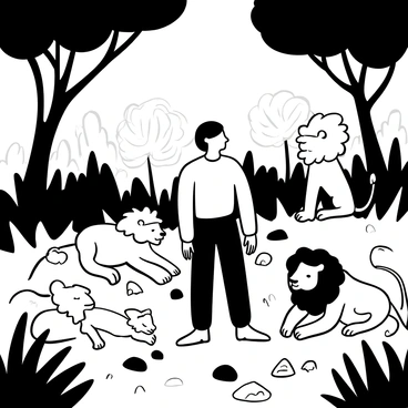 A man named "Daniel" standing calmly among several lions in a dense setting filled with tall grass and scattered rocks. The lions are in various poses, some resting and others alert, creating a dynamic scene. Shafts of light filter through the foliage above, casting distinct highlights and shadows on the ground and illuminating the lions' fur. The background features an assortment of trees, enhancing the depth of the den.