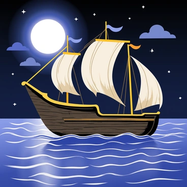 A pirate ship with dark, weathered wooden planks sails across a shimmering sea. The ship's sails are billowing in the wind, while a large "straw hat" is proudly displayed on the flagpole, fluttering against the night sky. A full moon casts a silver glow over the scene, illuminating the waves and creating reflections on the water's surface. The sky is dotted with a few scattered clouds, and stars twinkle brightly, enhancing the adventurous atmosphere of the pirate ship's voyage.