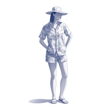 A person is wearing a tropical outfit adorned with intricate floral patterns that feature various shapes and sizes of leaves and flowers. The outfit consists of a short-sleeved shirt and matching shorts. The shirt has a loose fit, allowing for comfortable movement, while the shorts are tailored and extend just above the knee. The patterns on the fabric are detailed and vibrant, showcasing a variety of tropical flora. The individual is standing in a relaxed pose, with one hand placed on their hip and the other holding a sun hat adorned with a similar floral design. Sunlight casts soft shadows on the ground, enhancing the summery vibe of the scene.