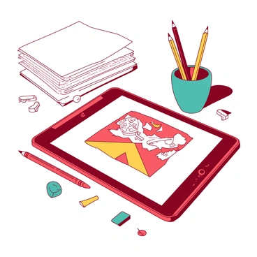 A red digital tablet is positioned on a white desk, displaying a detailed sketch for an upcoming illustration essay. The sketch features various elements such as characters and objects that will be included in the essay. Surrounding the tablet are scattered sketching tools, including a yellow pencil and a blue eraser. The background contains a stack of white papers and a teal cup filled with pens, creating a workspace atmosphere.
