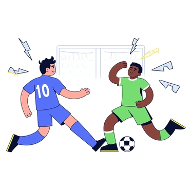 A soccer player with dark hair styled in a distinctive manner, wearing a vibrant blue jersey with a prominent number on the back. He is positioned in a dynamic pose, preparing to kick a soccer ball. Facing him is a goalkeeper in a bright green uniform, crouching low with focused eyes, ready to block the shot. The scene is illuminated with graphic lightning effects radiating outwards, creating a sense of tension and drama in the moment. The background includes a blurred soccer field, adding to the intensity of the action.