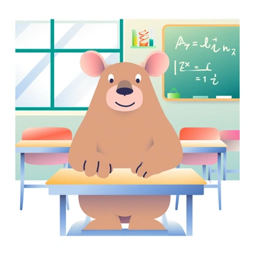 In a brightly lit classroom, an aardvark character named "Arthur" is sitting at a wooden desk. His fur is a soft, light brown, and his large ears are perked up, showing his attentive demeanor. Arthur has a focused expression on his face, and he is clenching his right fist under the desk, conveying determination. The classroom is decorated with colorful posters on the walls depicting various subjects like math and science. In the background, a chalkboard is filled with chalk-written equations. Other empty desks are arranged in neat rows, and a window allows natural light to stream in, illuminating the scene.
