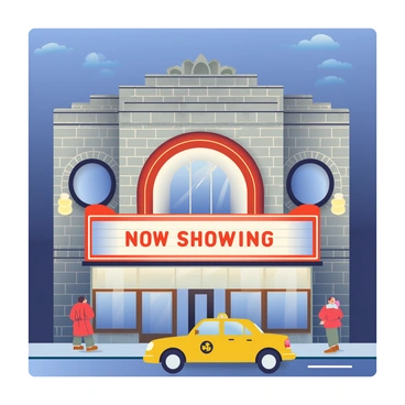 A cinematic scene of a taxi pulling up in front of an old cinema
