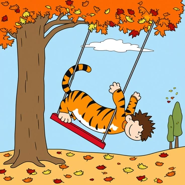 A cartoon tiger with orange and black stripes, representing Hobbes, is energetically pushing a young boy with light skin and spiky brown hair on a red swing. The swing is hanging from a tall tree with a thick trunk and colorful leaves in shades of orange, red, and yellow. The ground is covered with a variety of fallen leaves, creating a vibrant carpet of colors. In the background, other trees are visible, their branches stretching out with more leaves falling. The sky is blue, and a few fluffy white clouds float gently. Calvin has a joyful expression on his face, enjoying the playful push from Hobbes.