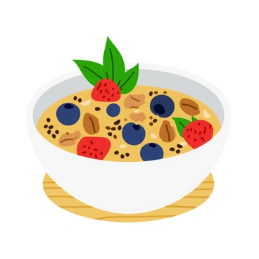 A white bowl filled with a mixture of vibrant superfoods. Chia seeds are sprinkled throughout, adding a dark contrast. Juicy red strawberries and blueberries are scattered among the seeds, providing bright pops of color. Crunchy almonds and walnuts are mixed in, giving a rich texture. The bowl is garnished with fresh green mint leaves placed on top for an extra burst of color and freshness. The bowl sits on a light wooden surface, enhancing the natural feel of the ingredients.