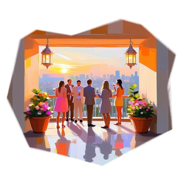 A picturesque terrace with elegant railings, adorned with potted flowers and greenery, overlooks a cityscape filled with colorful buildings and distant skyscrapers. Several guests are mingling, dressed in formal attire, with some holding glasses of wine and others engaged in conversation. The sun is setting in the background, casting a warm glow over the scene and creating shadows on the terrace. Soft lighting from hanging lanterns illuminates the gathering, enhancing the sophisticated atmosphere of the event.