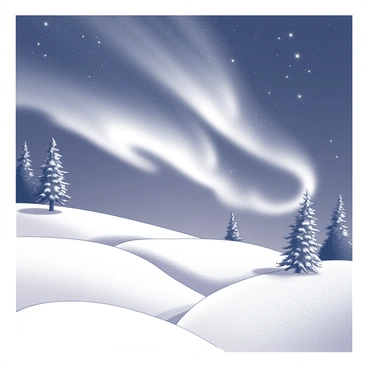 A snow-covered landscape stretches out under the night sky. The ground is blanketed with fresh, white snow, creating a smooth, reflective surface. In the sky above, "the northern lights" are visible, displaying dynamic, flowing patterns that twist and turn. The illumination from the lights casts a soft glow on the surrounding snow, enhancing the tranquility of the scene. A few distant trees are silhouetted against the backdrop, their branches dusted with snow, adding depth to the composition.