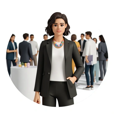 A fashionable woman, wearing a sleek black blazer over a white blouse and tailored trousers, is mingling at a networking event. Her outfit is accessorized with a bold, colorful statement necklace that catches the light. She has shoulder-length wavy hair styled elegantly. In the background, there are clusters of people engaged in conversation, and a few small round tables are set up with drinks. The atmosphere is professional and vibrant, emphasizing the social nature of the event.