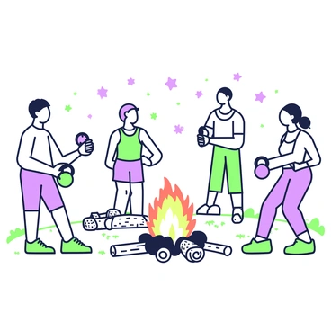 A group of campers is engaged in a kettlebell workout around a crackling campfire. The campers are positioned in a semi-circle, each holding a kettlebell, with a focus on their form as they perform swings. Some campers are wearing athletic shorts and tank tops, while others have on t-shirts and sweatpants. The campfire is centrally located, with flames dancing and emitting a warm glow. Surrounding the fire, there are logs arranged as seating, and the ground is covered with a mix of grass and dirt. A few logs are stacked nearby, and the night sky is visible above, dotted with stars.