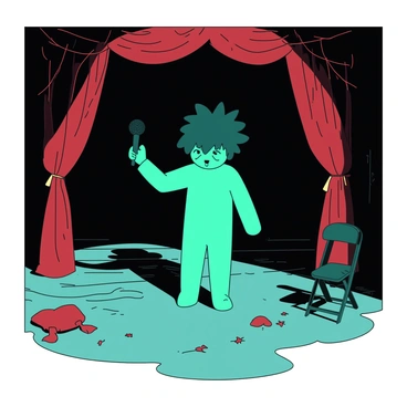 A teal figure resembling Hanako-kun is standing on a dimly lit stage in a spooky, abandoned school theater. The stage is partially covered with dust and cobwebs, and the old, faded red curtains hang limply in the background. Hanako-kun is holding a microphone with one hand, while his other hand is raised in a captivating gesture. The floor of the stage has scattered remnants of old props and broken chairs. Dim light casts eerie shadows around the theater, emphasizing the haunting atmosphere of the space.