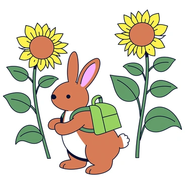 A brown hare with large ears is wearing a tiny green backpack. The hare is standing among tall sunflowers that tower above it, their bright yellow petals contrasting with the rich green leaves. The sunflowers are swaying gently in the breeze, and the hare appears curious as it looks around the field. Sunlight filters through the flowers, casting soft shadows on the ground.