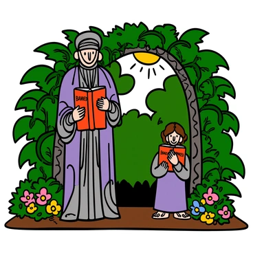 At the entrance of a secret garden, there are two stone statues. The first statue is a tall figure with an intricately carved robe, holding a "banned book" in its hands, while the second statue is shorter, depicting a figure with a gentle expression, also holding a "banned book." The garden is lush and overgrown, with vibrant green vines framing the statues, and colorful flowers blooming around them. Sunlight filters through the leaves, casting dappled shadows on the ground. The atmosphere is mysterious, inviting curiosity about the hidden wonders that lie beyond the entrance.